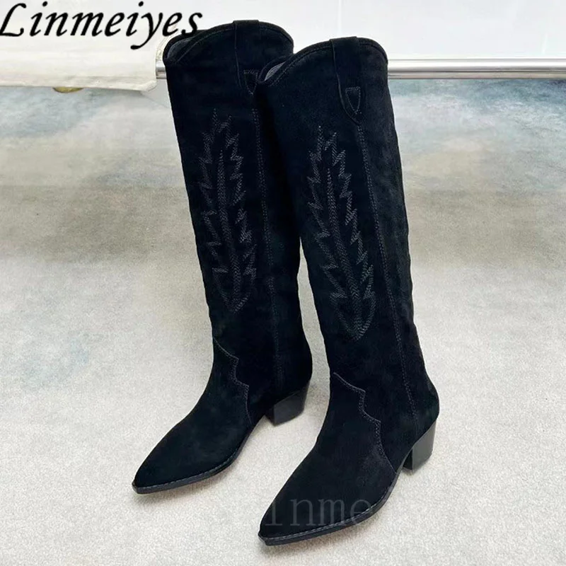 

Embroidery Western Cowboy Boots Woman Cow Suede Long Boots Pointed Toe Runway Shoes Square Heels Knee High Boots For Women