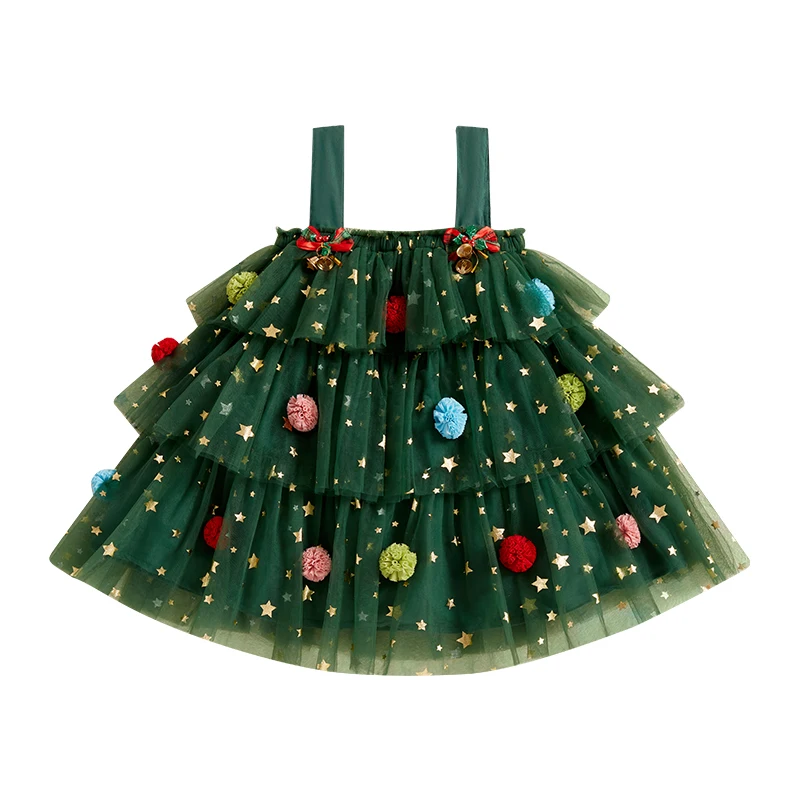 Weihnachtskleid für kleine Mädchen, Sternenmuster, quadratischer Ausschnitt, ärmellos, mehrlagiges Tüllkleid mit Plüschball, Weihnachtsmütze – Detail 7