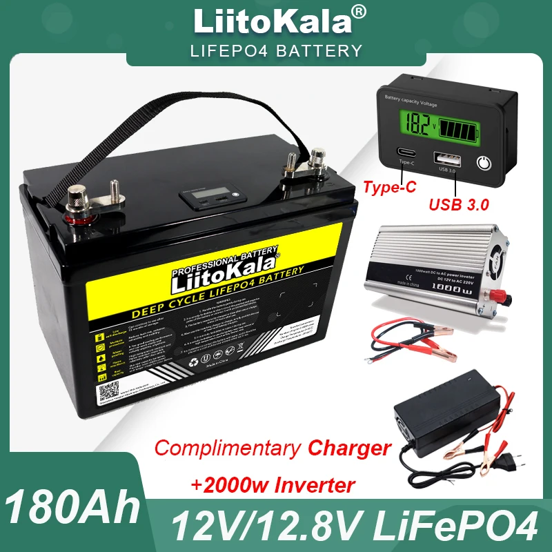 LiitoKala 12V 180a 160ah 120ah LiFePO4 bateria na zewnątrz samochodów turystycznych wielofunkcyjne USB 3.0 typu C wyjście 2000w ładowarka inwerterowa