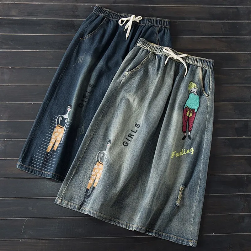 Free Shipping 2022 New Fashion Spring Summer Denim Loose Casual Jeans Elastic Waist Long Mid-Calf Skirt For Women Embroidery