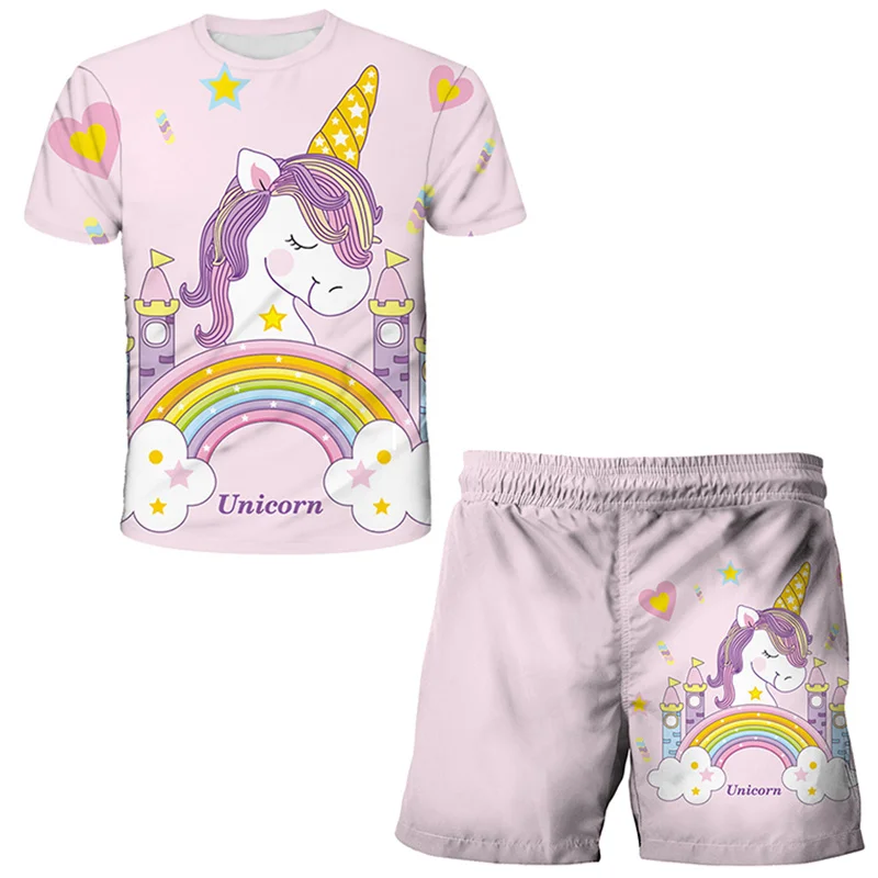 

Unicorn Cute Clothing Kids 2 Piece Set Unicorn Print + Shorts Trousera Clothes Baby Toddler Children Short Sleeve Costume Outfit