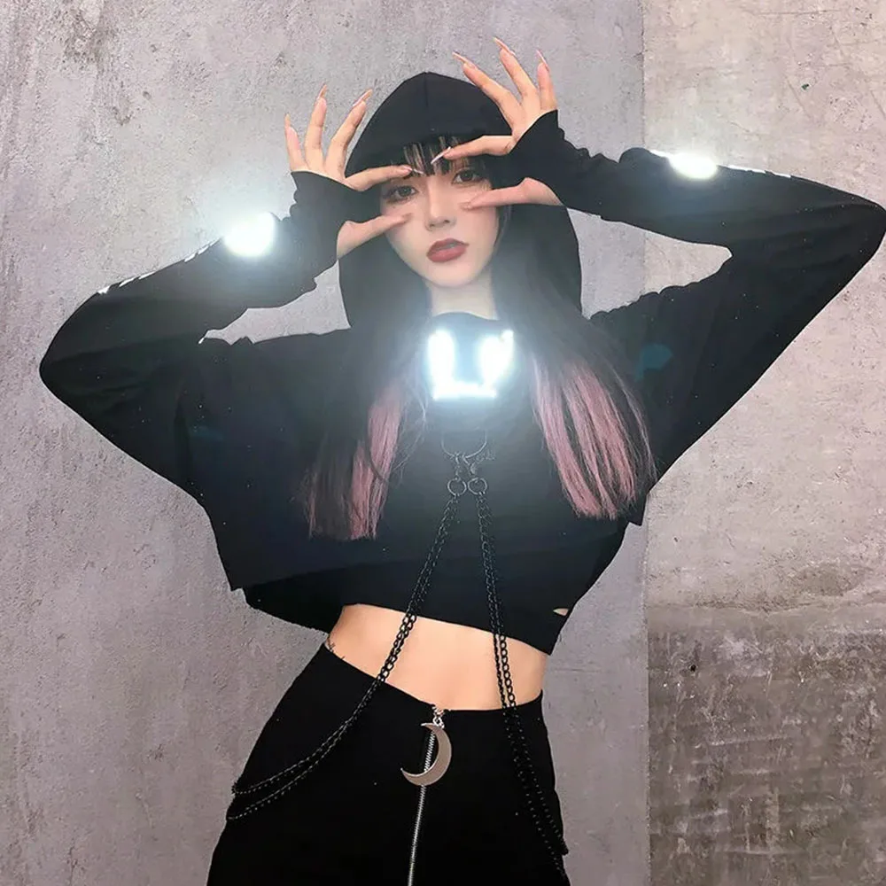 

Harajuku Women Gothic Reflective Print Hoodies Crop Top Pullover Sweatshirt Jumpers Detachable O-ring Chain Street Sweatshirts