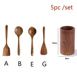 Natural Teak Wooden Cooking Utensil Set with Hanging Hooks (5pcs)