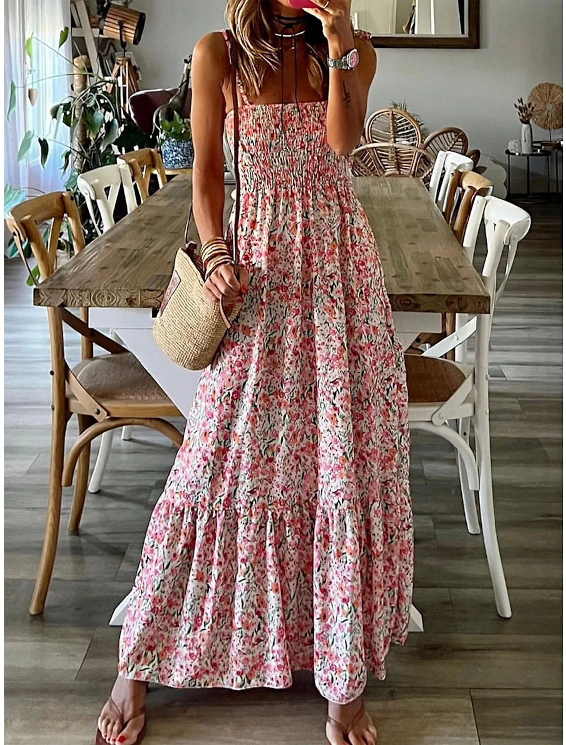 

Women's Dresses Fashion Print Casual Square Collar Sleeveless Daily Tie Detail Suspender Maxi Dress 2023 Summer New