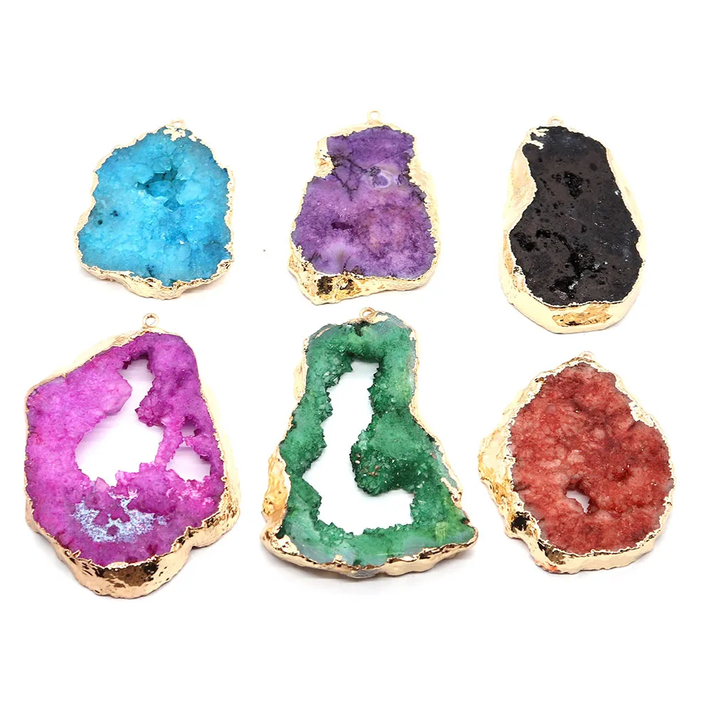 

1pc Colorful Crystal Natural Semi-precious Crystal Stone Pendants Irregular Shaped with Gold Color Edged DIY Making Necklace