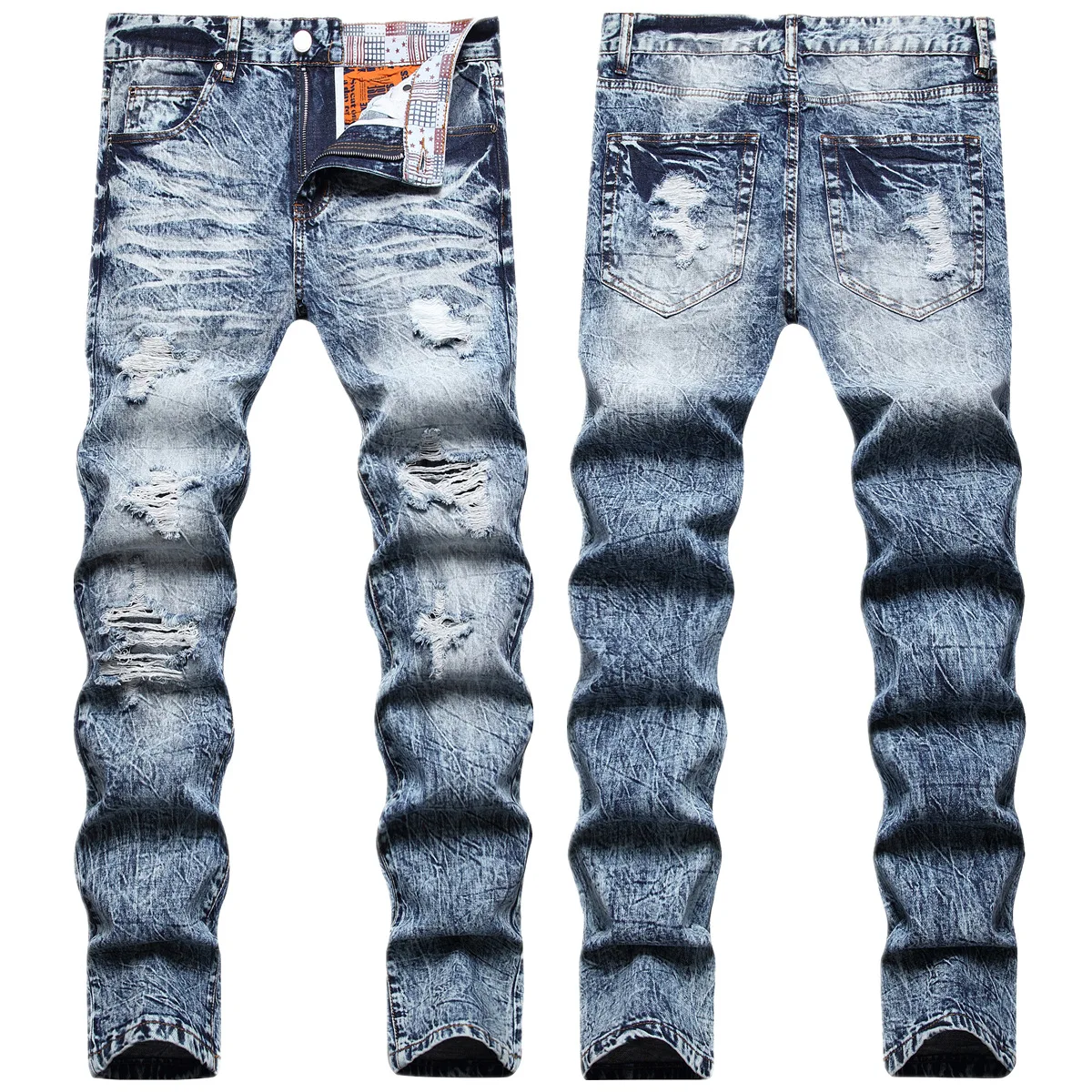 Autumn and winter high-end brand ripped jeans male Korean light trend elastic small feet fashion large size slim pants