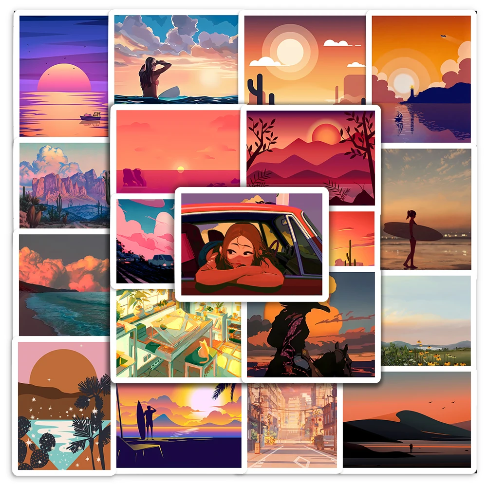 Aesthetic Sunset Illustration Arts Stickers DIY Toys Gift Waterproof Decal for Scrapbook Laptop Phone Luggage Bottles Decorative