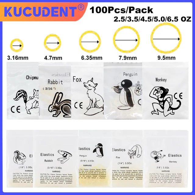 KUCUDEN 100Pcs/Bag Dental Orthodontic Rubber Band Elastics Latex Braces Ortho Ligation O-Ring Teeth Braces 2.5/3.5/4.5/5.0/6.5OZ
