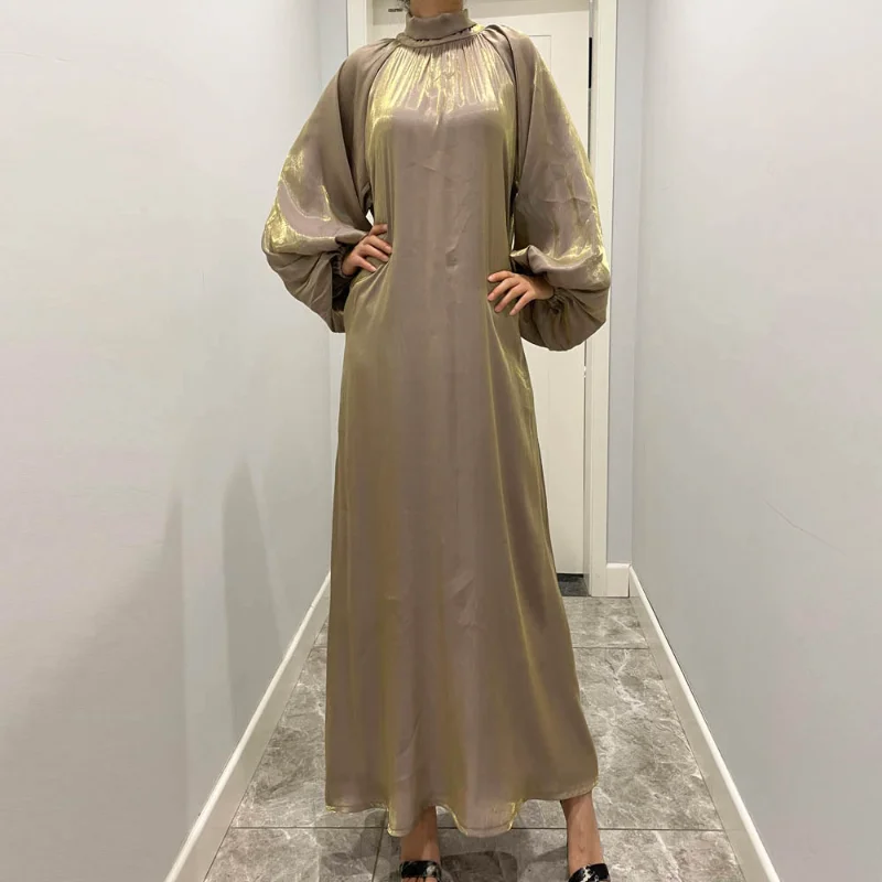 Muslim Abayat Large Lantern Sleeve Bright Silk Long Dress with Back Tie Robe Femme Musulman Solid Women's Dress Dubai Morocco