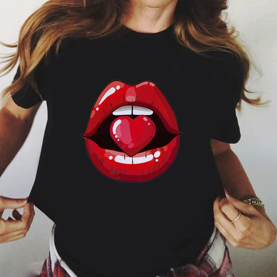New Summer female Tops Tees Red Mouth Lip Kiss Women Black Tshirt Funny Rainbow Graphic Tee Shirt Femme Harajuku woman T | Женская