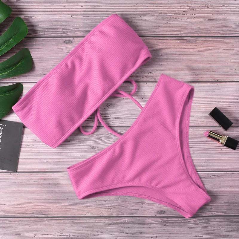 2024 Trendy High Waist Strapless Padded Bikini - Chic Women's Swimwear in Solid Colors