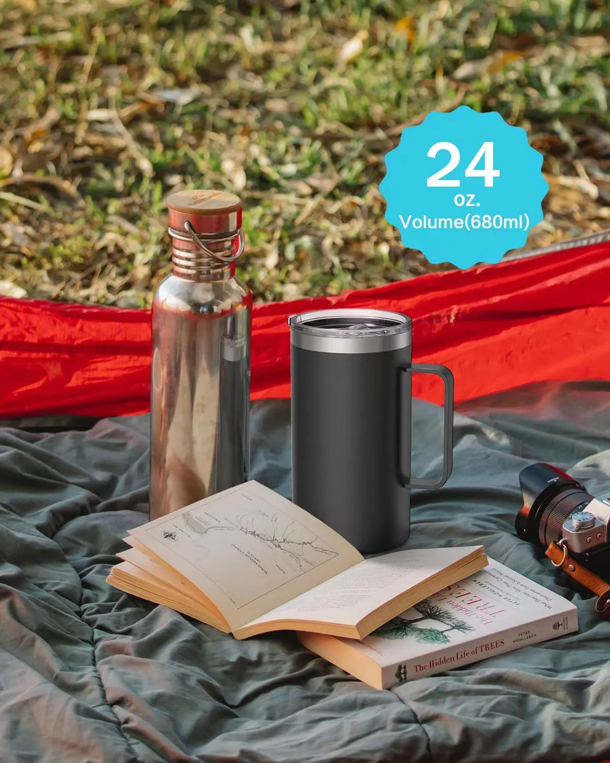 Taza de café aislada de acero inoxidable con tapa, vaso de café al vacío de doble pared con mango, 24oz, 680ml - Image 5