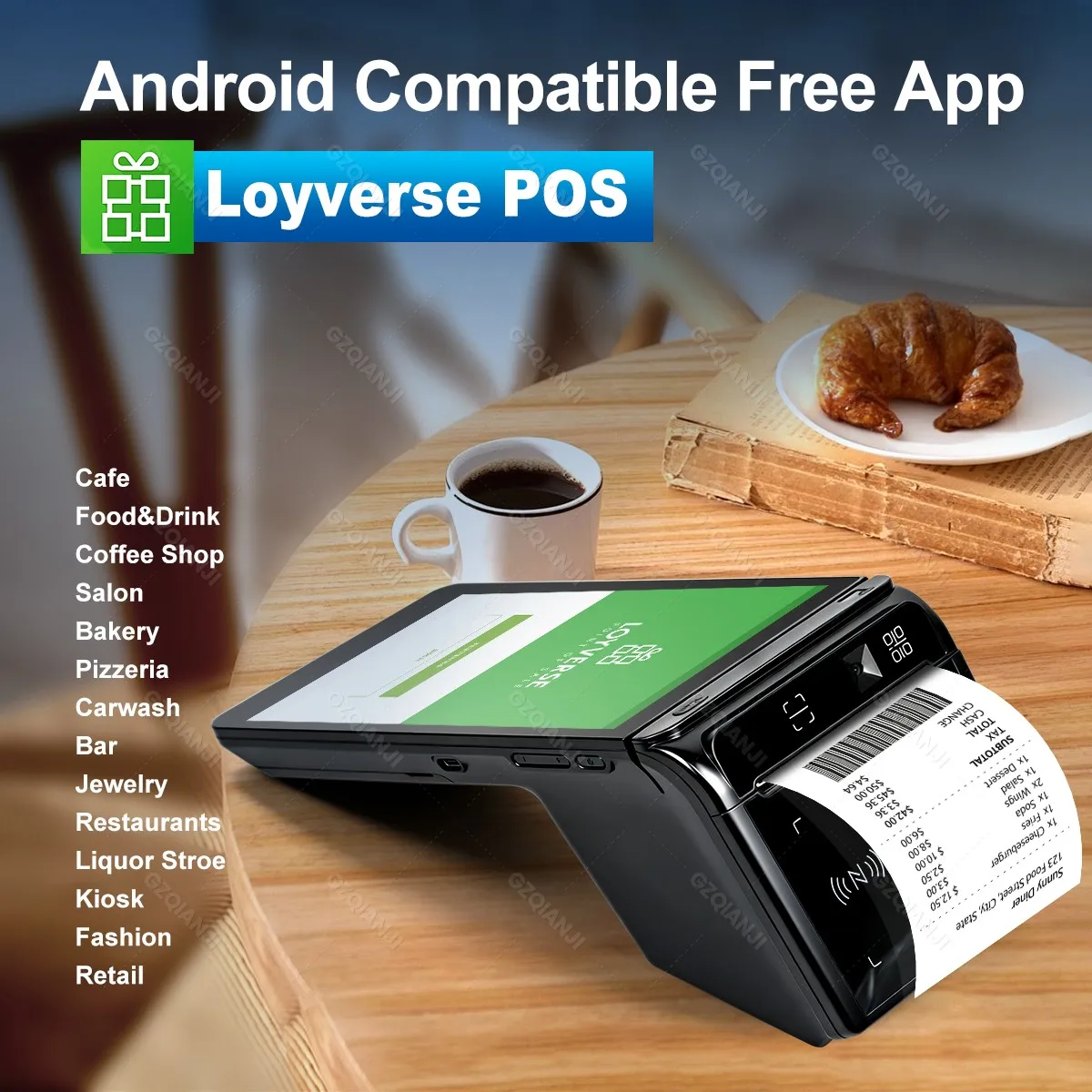 안드로이드 14 POS 단말기 데스크탑 태블릿/핸드헬드 8인치 디스플레이 터치스크린 POS 시스템 80x50mm 감열 프린터, 1D 2D 스캐너 NFC