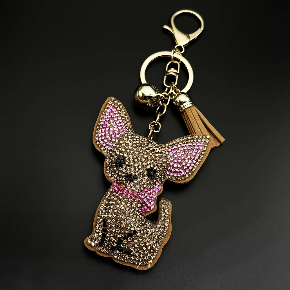 Niedlicher Chihuahua-Hund-Kristall-Schlüsselanhänger, Taschenzubehör für Frauen, goldfarben, weiblicher Schlüsselanhänger, Schmuck, llaveros para mujer K7326S01