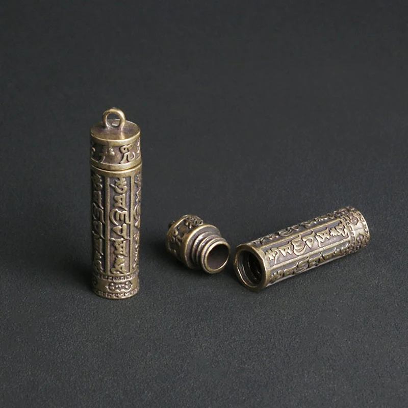 Mini Storage Boxes Hollow Brass Buddha Bottle Sutra Cylinder Pendant Keychain Handmade Vintage Pill Box Container Bottle Keychains Pill Case