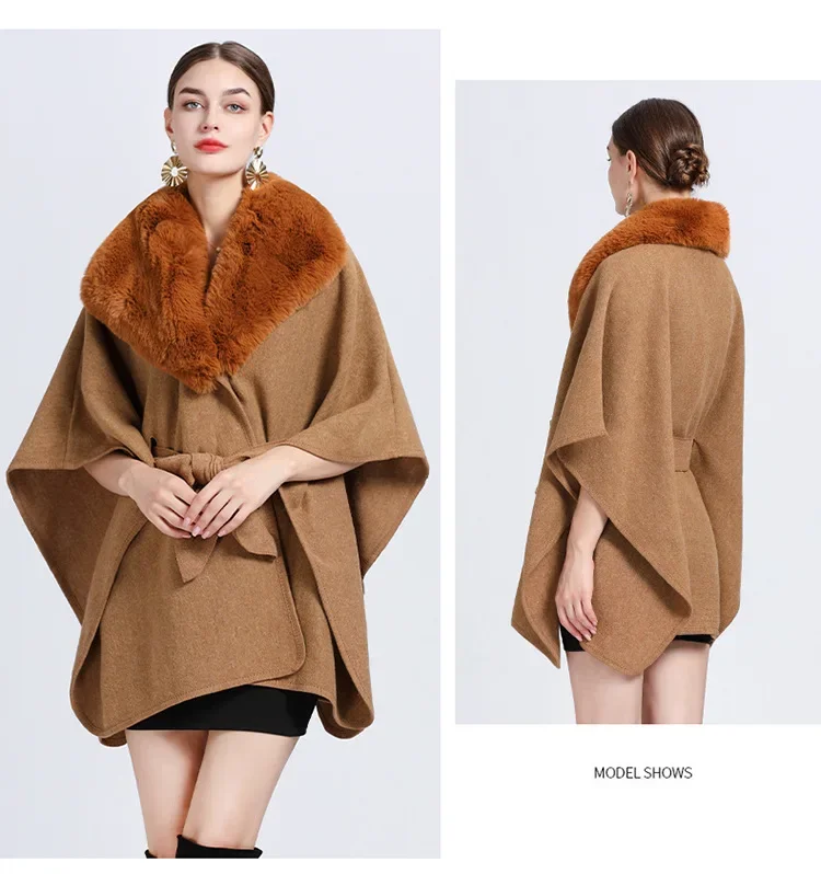 Description Picture 4 of item5 Colors Women Cardigan Triangle Neck Belt Out Streetwear Loose Cloak Winter Warm Woolen Poncho Cappa Faux Rabbit Fur Shawl Coat