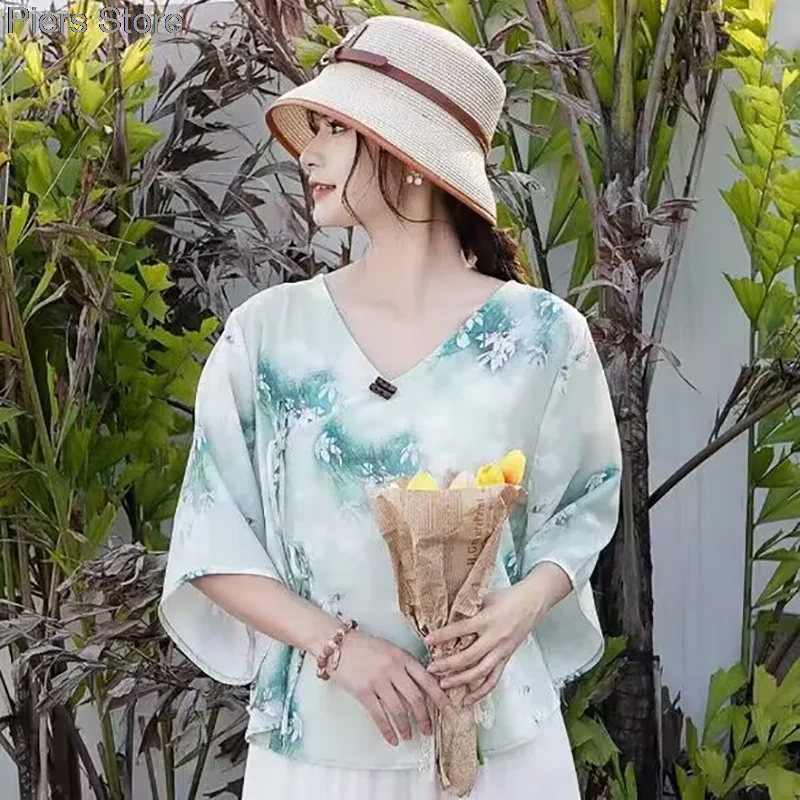 Vintage Cotton Linen Floral Print V Neck Shirt Chinese Style 