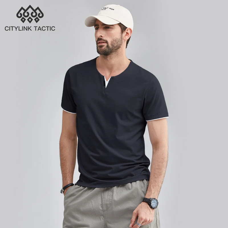

CKNE Ice Silk Cotton Black Cool Feeling Half Summer Slim Fit New Bottom Shirt V-neck Short Sleeve T-shirt For Men