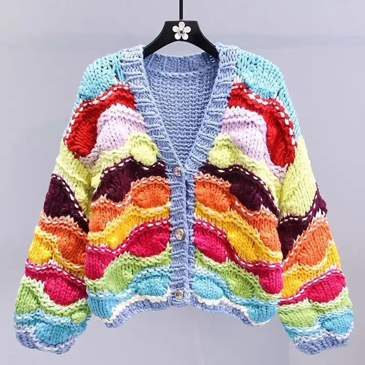 

Hsa Fall Women's Crochet Cardigans Multicolor Y2k Vintage Knitted Sweaters Long Sleeve Loose Coats Warm Sweaters Jackets