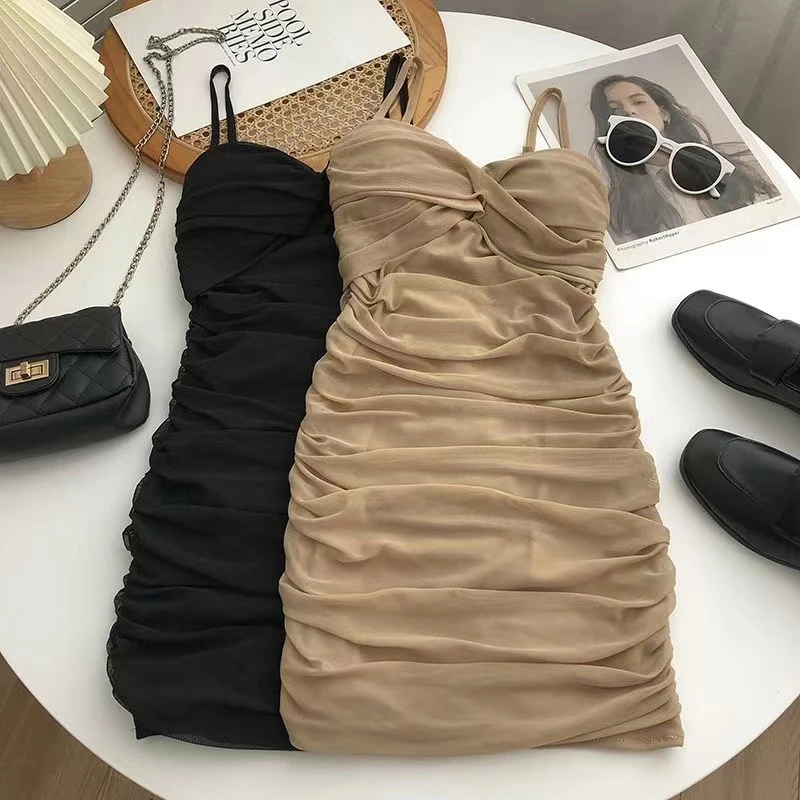 

Women Sexy Club Shirring Design Dresses Summer Leisure Lady Mini Straps Dress