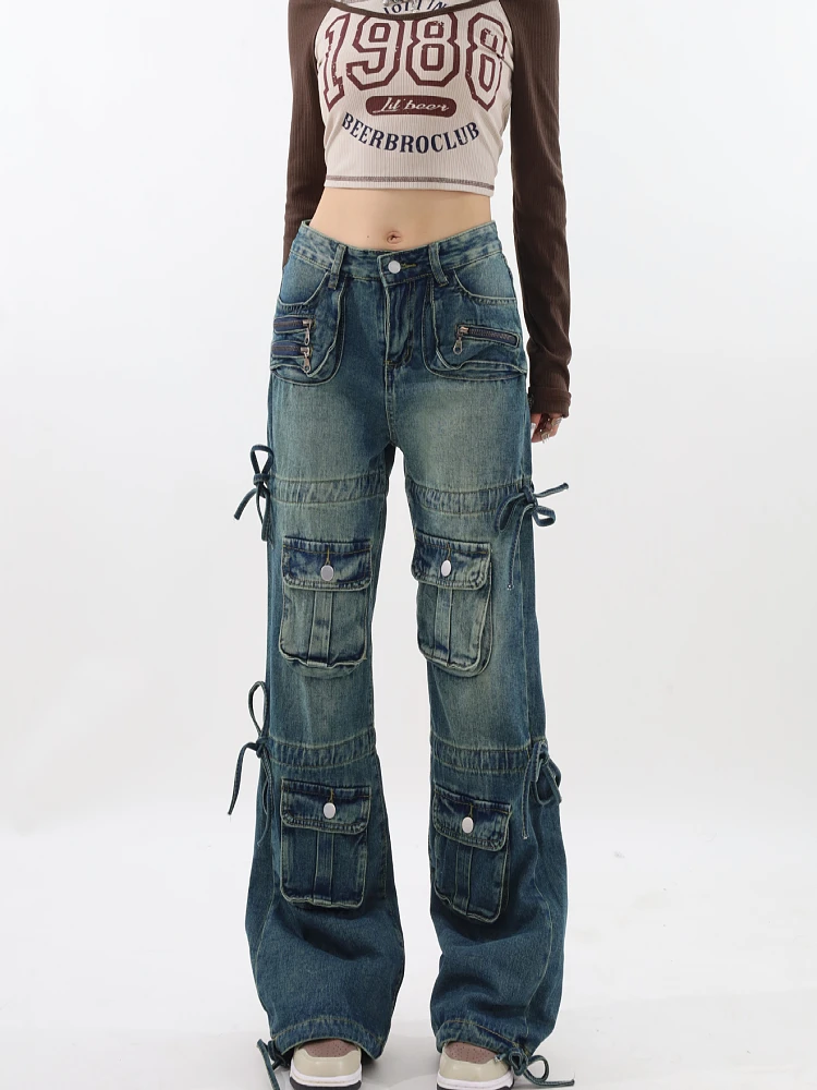 Women's Blue Cargo Jeans Y2k Wide Leg Pants High Waist Jeans