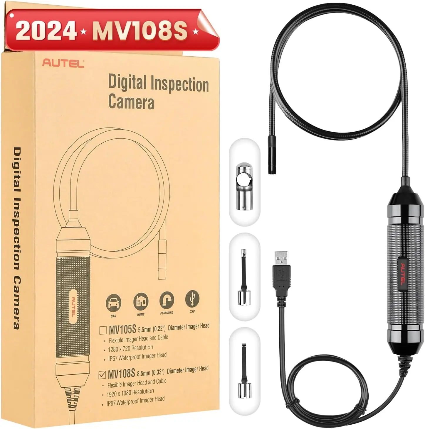 Autel MaxiVideo MV108S Автомобильная Инспекционная камера 8,5 мм с поддержкой головки изображения MK906BT MK908P MS906BT Elite 2 MS906TS MS906Pro