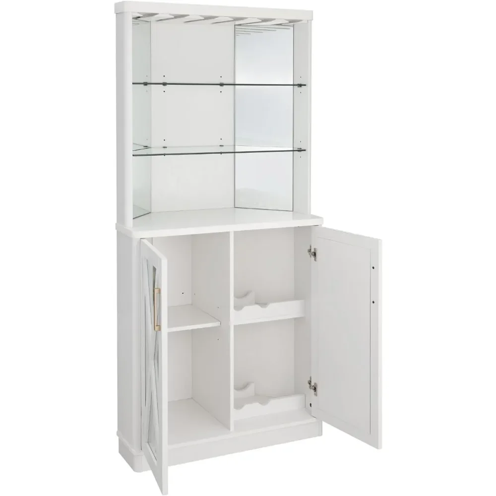 68" Tall Corner Bar Cabinet with Wine Rack, Glass Liquor Shelves, Large Coffee Table, Kitchen Storage with Glass Doors