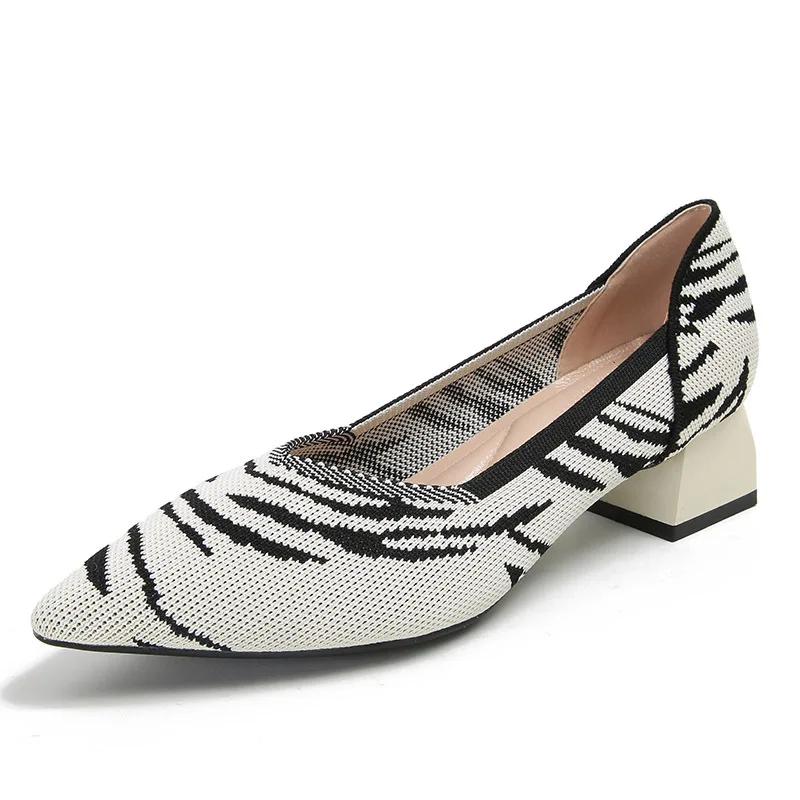 Shallow Mouth Pointed Toe Mid-heel Knitted Breathable Shoes Women Pumps Temperament Soft Casual Women Ballerina Zapatillas Muje