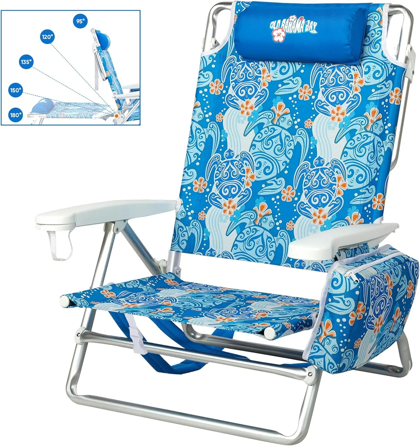 Reclining Beach Chair Backpack 5-Position Lay Flat Lounge Chair for Adults Heavy Duty Portable Folding Lightweight with Cooler