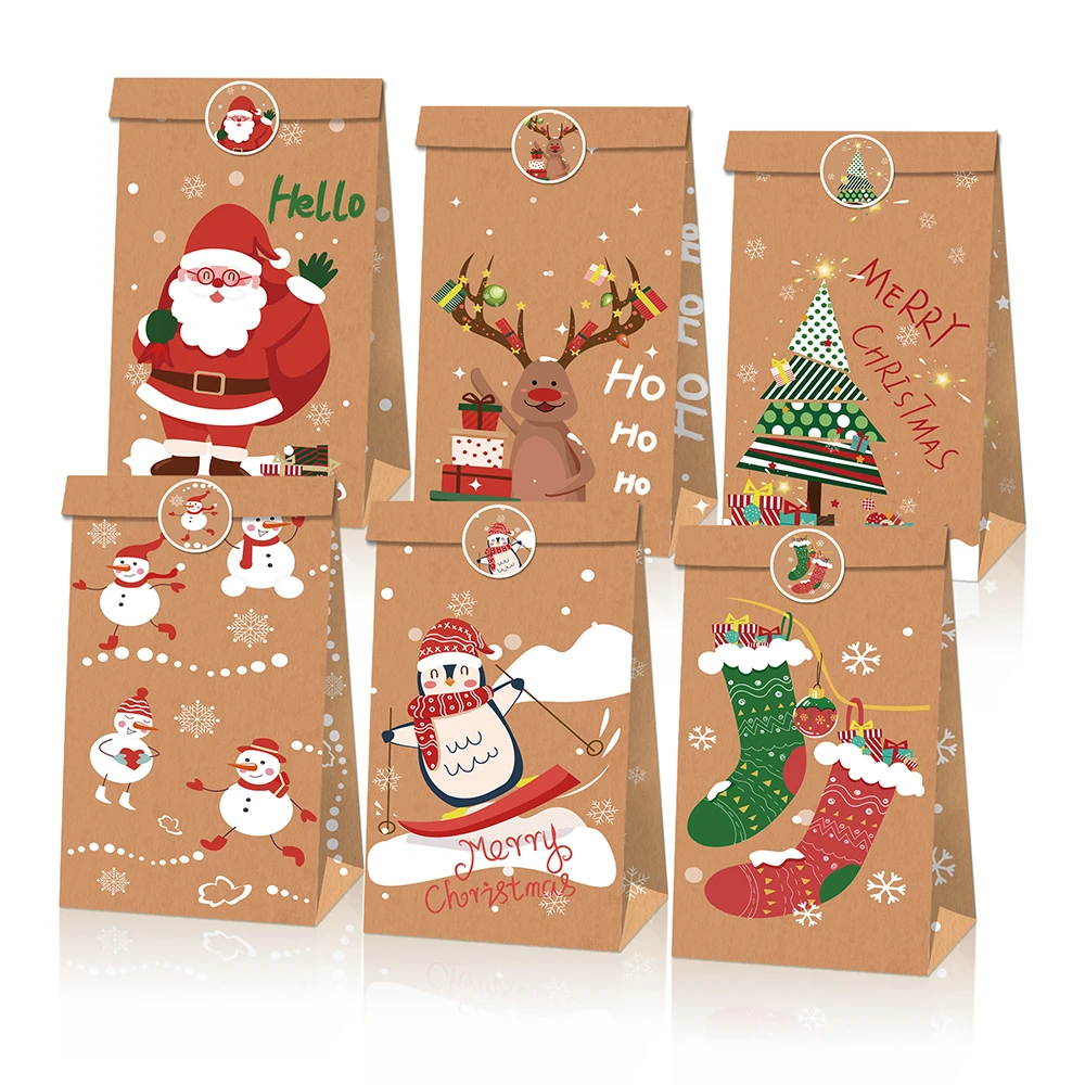 

LB127 12Pcs Happy Xmas Tree Merry Christmas Party Candy Kraft Paper Gift Bags Gifts Boxes Favors New Year Party Decorations