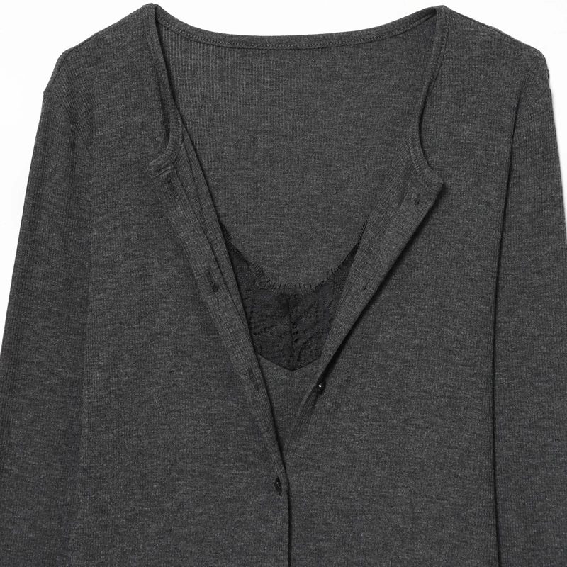 HXAO Damenblusen mit abgeschnittenem Spitzenoberteil, Herbstgrau-beige Hemden und Blusen, taillierte Langarm-Hemden mit Knöpfen, Blusen im koreanischen Stil – Detail 8