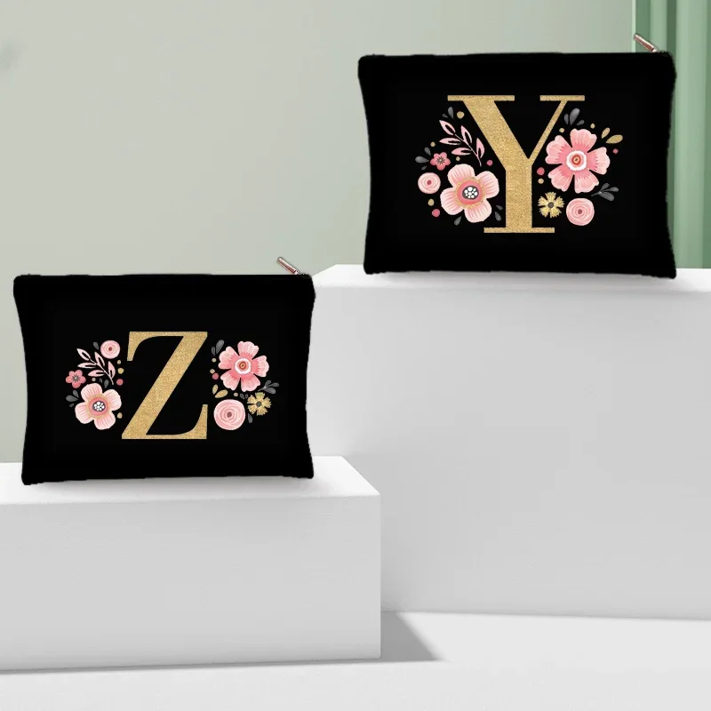 

Floral Initial Black Cosmetic Pouch Travel Bridesmaid Lipstick Bags Bachelorette Party Gift Luxury Lightweight Makeup Clutch