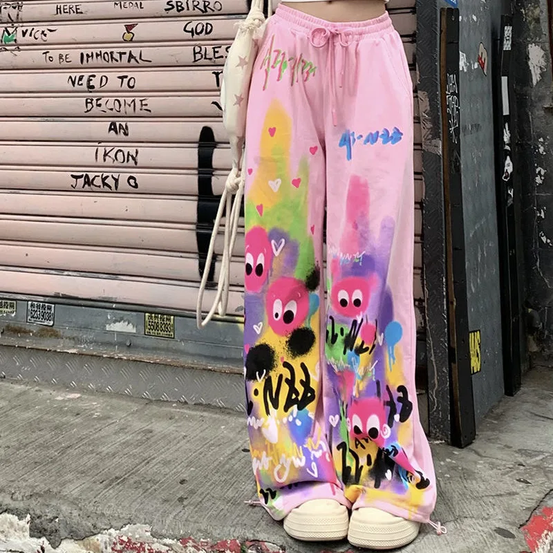 2024 Summer Fashion High Waisted Lace Up Print Loose and Slimming Street Trend Dopamine Dressing Casual Wide Leg Pants for Women