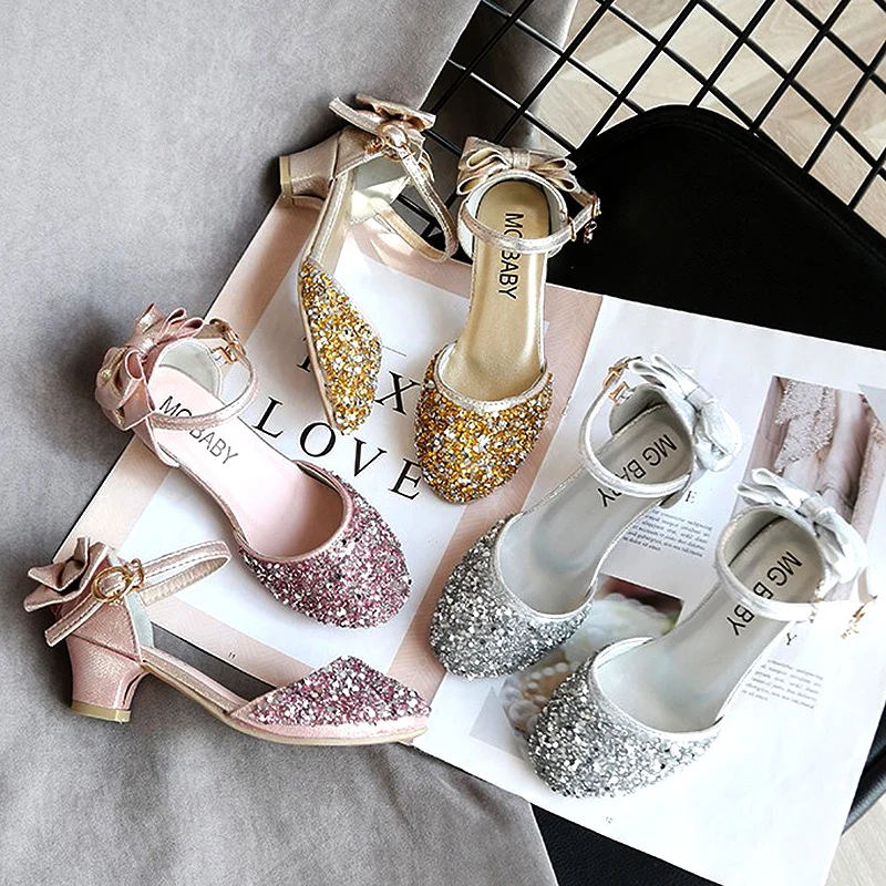 

Summer Girls Sandals Bling Wedding Shoes Butterfly Princess Shoes Kids High Heels Party Ankle Strap Dance Shoes Glitter 2-14y