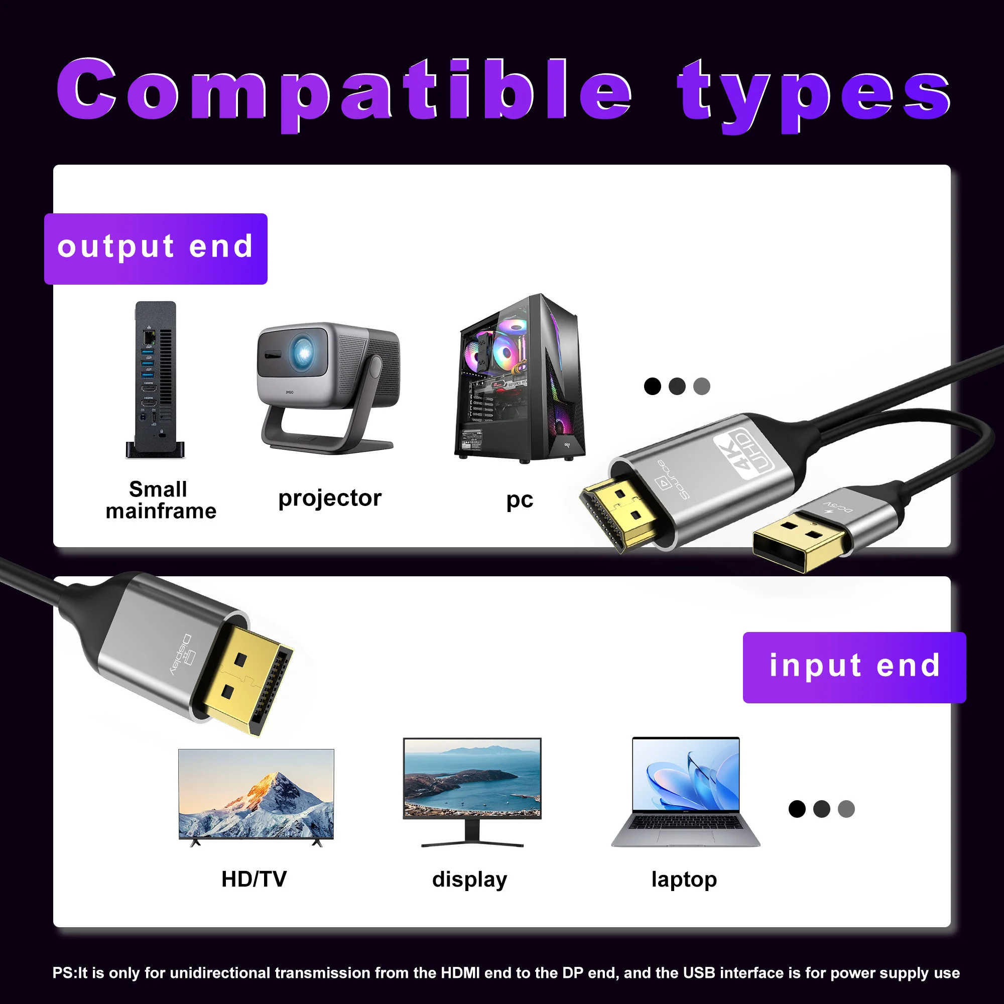 Ultra HD 4K HDMI to DisplayPort Cable with USB Power – Unidirectional High-Speed Transmission