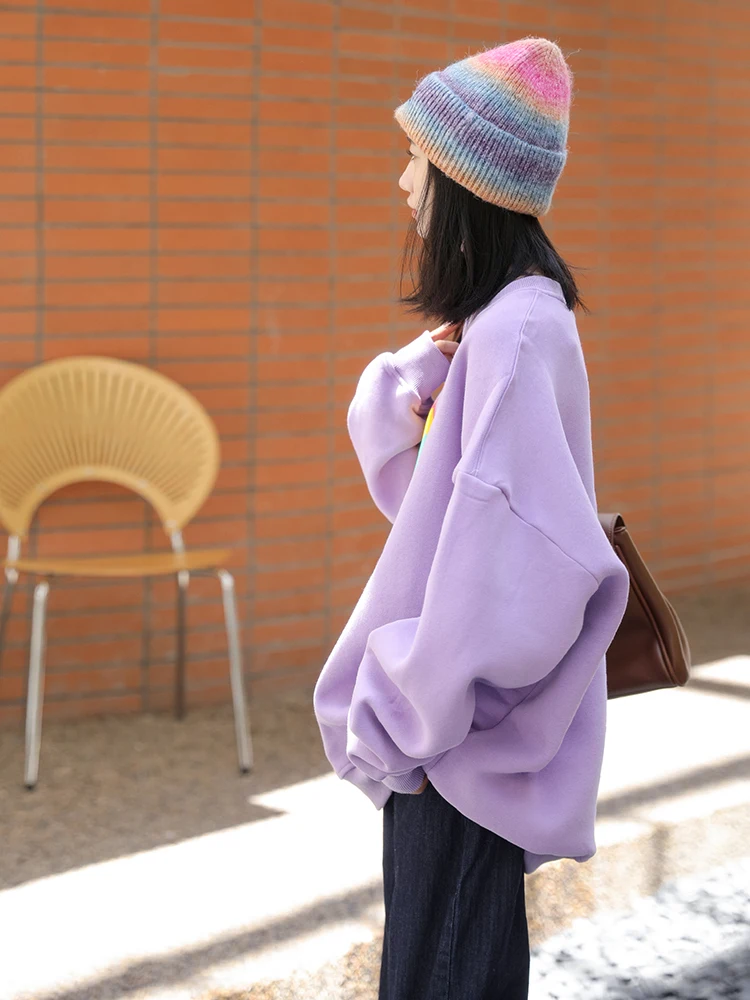 Printed Fleece Sweatshirt Winter Oversized Pullovers Korean Fashion Purple O Neck Loose Casual Couple Pulls Female 2023 New Fall
