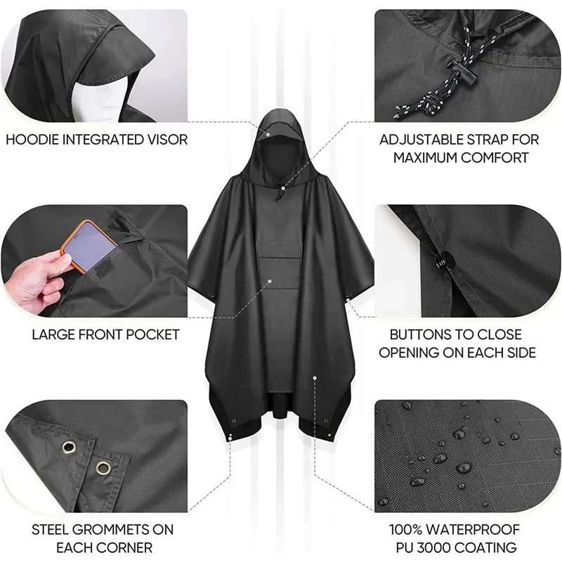 3in1 Full Poncho Adult Waterproof Cover Men's Folding Raincoats With Hood For Rain Male Poncho Coat Man Impermeable Trip Camping