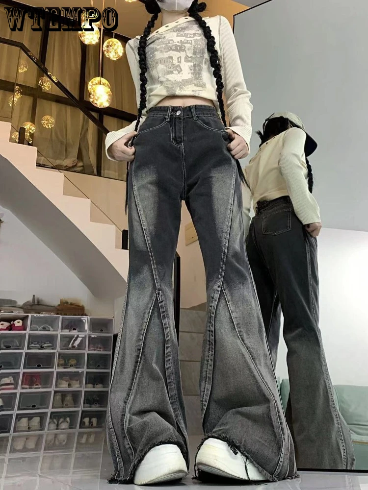 

Autumn Winter New Black Gray Flared Jeans Woman American High Street Jeans for Women Raw Edge Gradual Change Y2k Pants Ladies