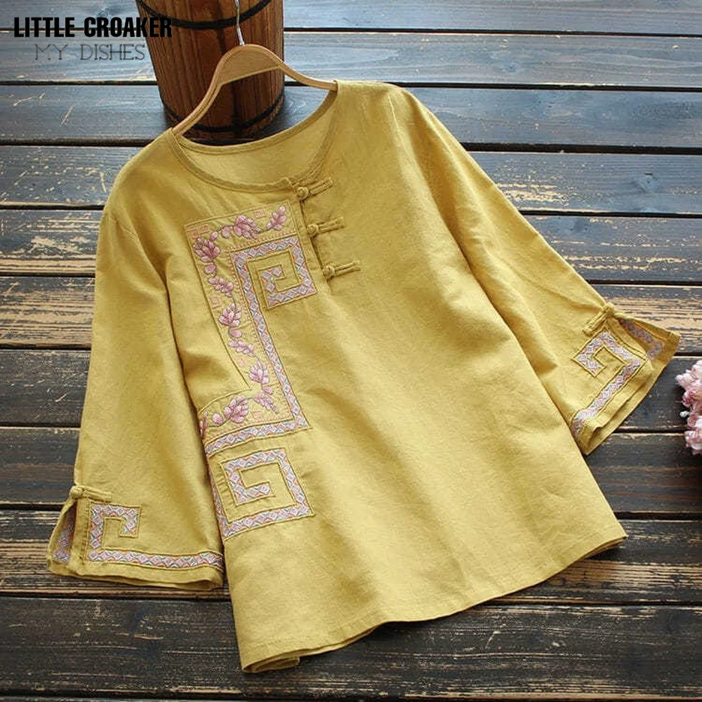 New Loose Large Shirt Women's Cotton Linen Shirt Retro National Style Top Round Neck Embroidered Chinese Traditional Blouse