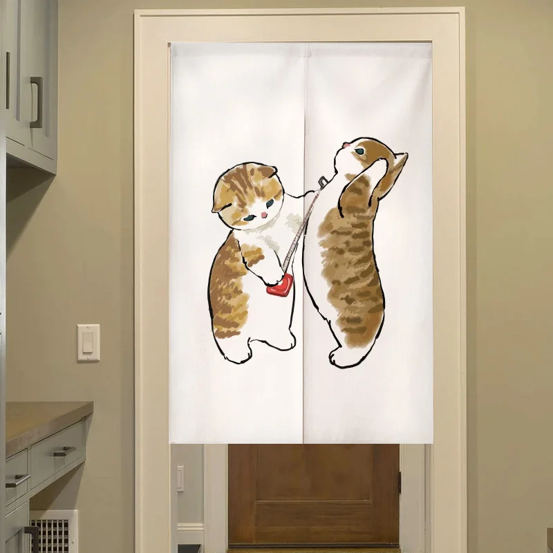Cartoon Door Curtain with Rods Noren Cute Funny Cat Drapes Living Room Bedroom Doorway Kitchen Entrance Hanging Half-Curtains 2