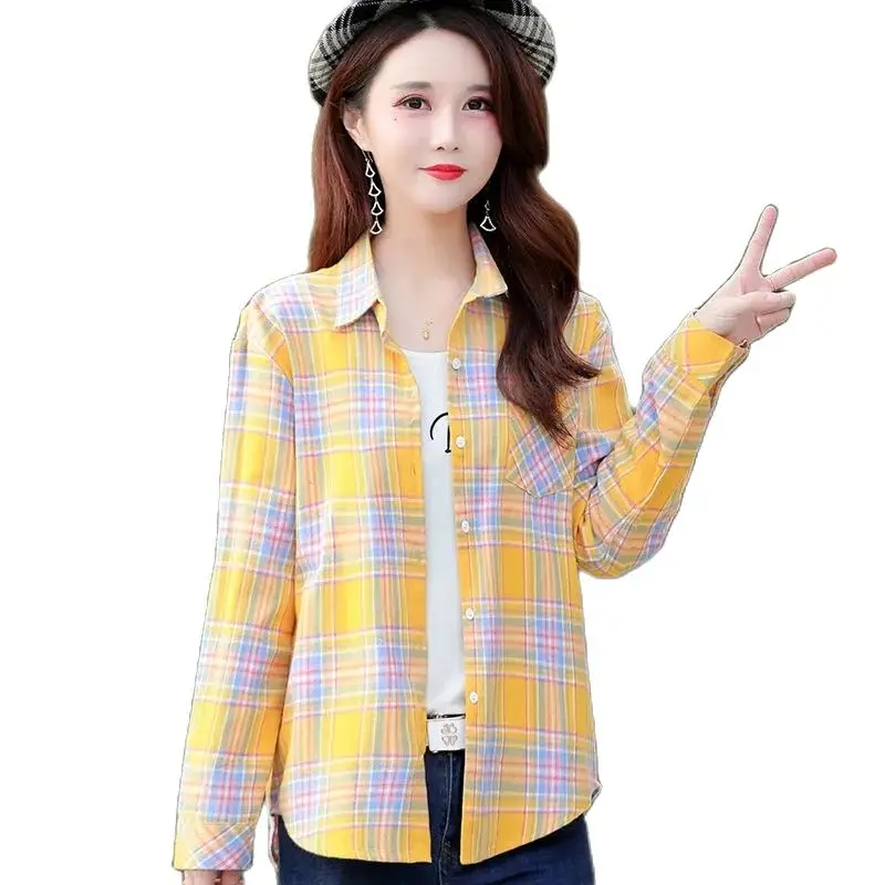 

Summer Sun Protection Coat Cotton Plaid Shirt Womens Loose Slimming Age-reducing Coat Wearing Wild Longsleeved Shirt Female Tide