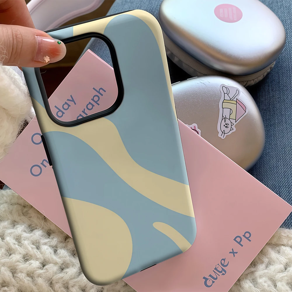 Luxury Double-Layer Phone Case with Blue and Yellow Wave Design