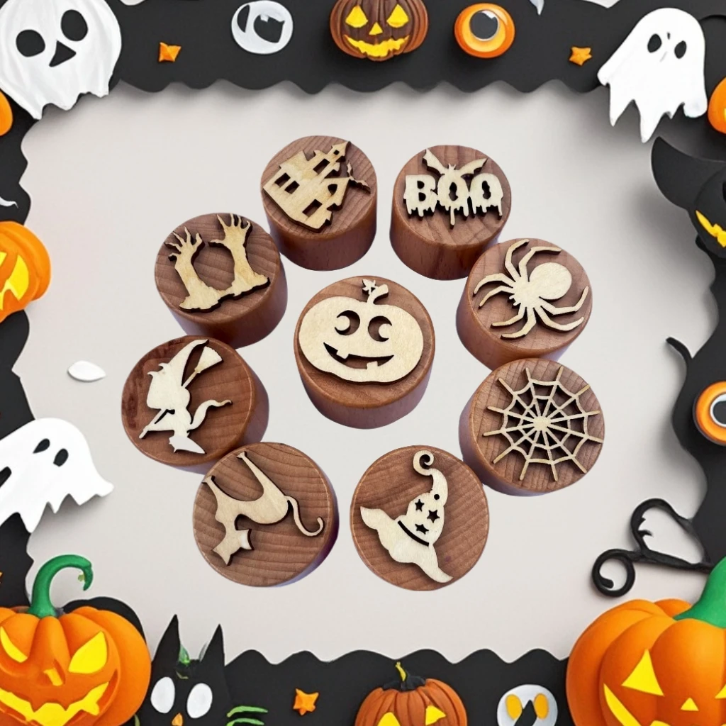 Wooden DIY Stamp Toy For Children Halloween Chirstmas Clay Stamps Handmade Toys Kids Art Painting Tool 6pcs