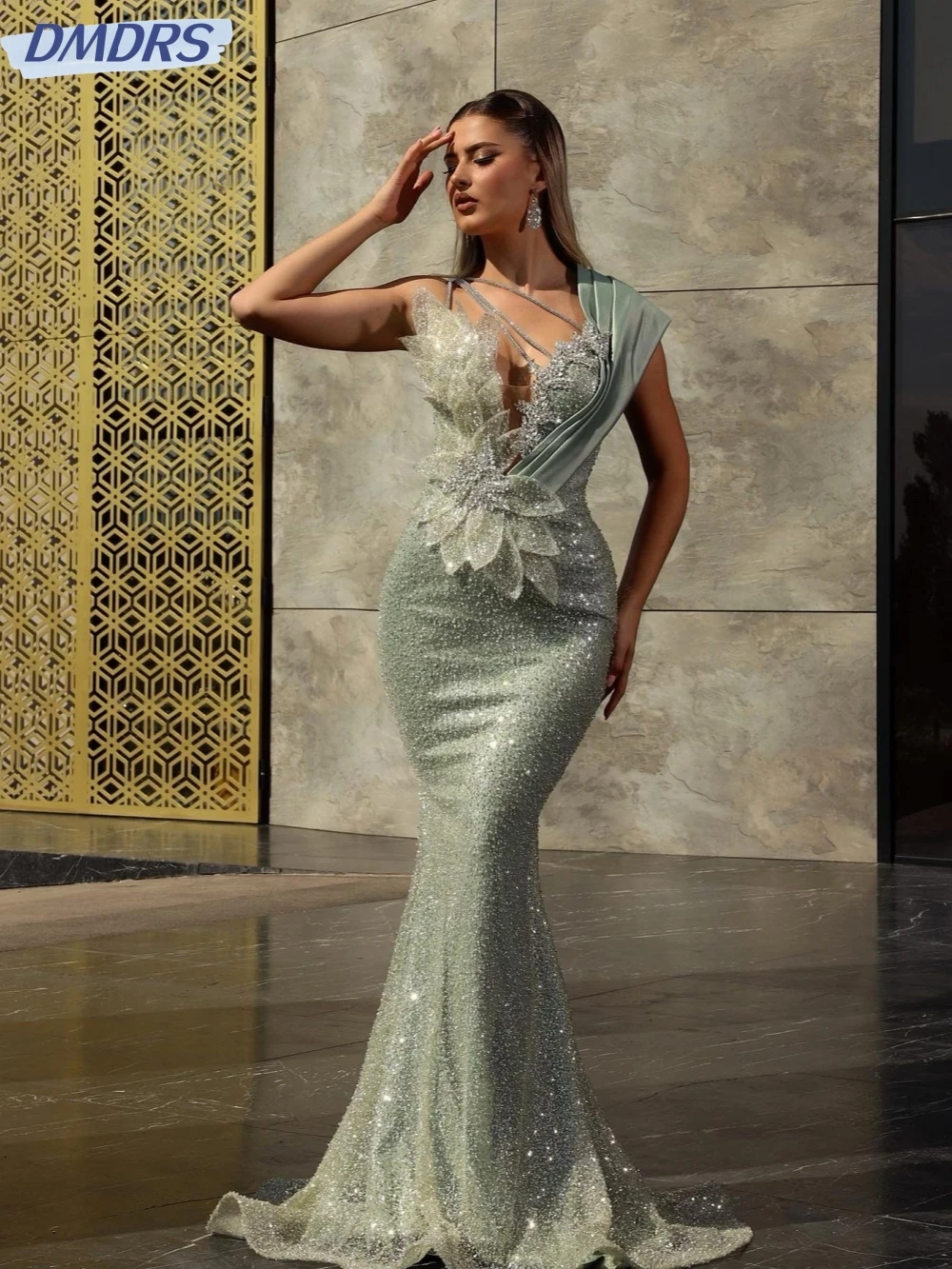 

Modern One Shoulder Cocktail Dresses Sparkly Sequins Crystal Evening Dress Luxury Graceful Mermaid Long Prom Gown Robe De Mariée