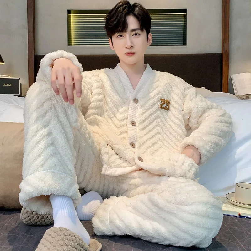 Men's Winter Warm Coral Fleece Pajama Sets Fluffy Coat + Long Pants Male Sleepwear for Sleeping 2 Pieces Home Wear Loungewear