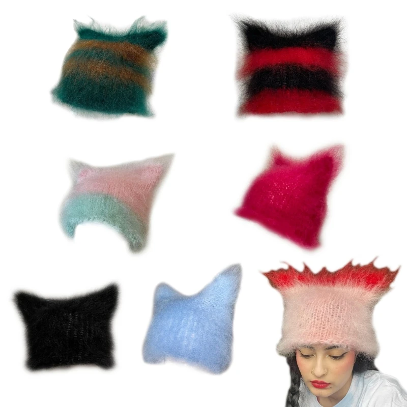 

Вязаная шапка-бини с кошачьими ушками для девочек, праздничная шапка в стиле Y2K, реквизит для фотосессии, милая вязаная шапка с
