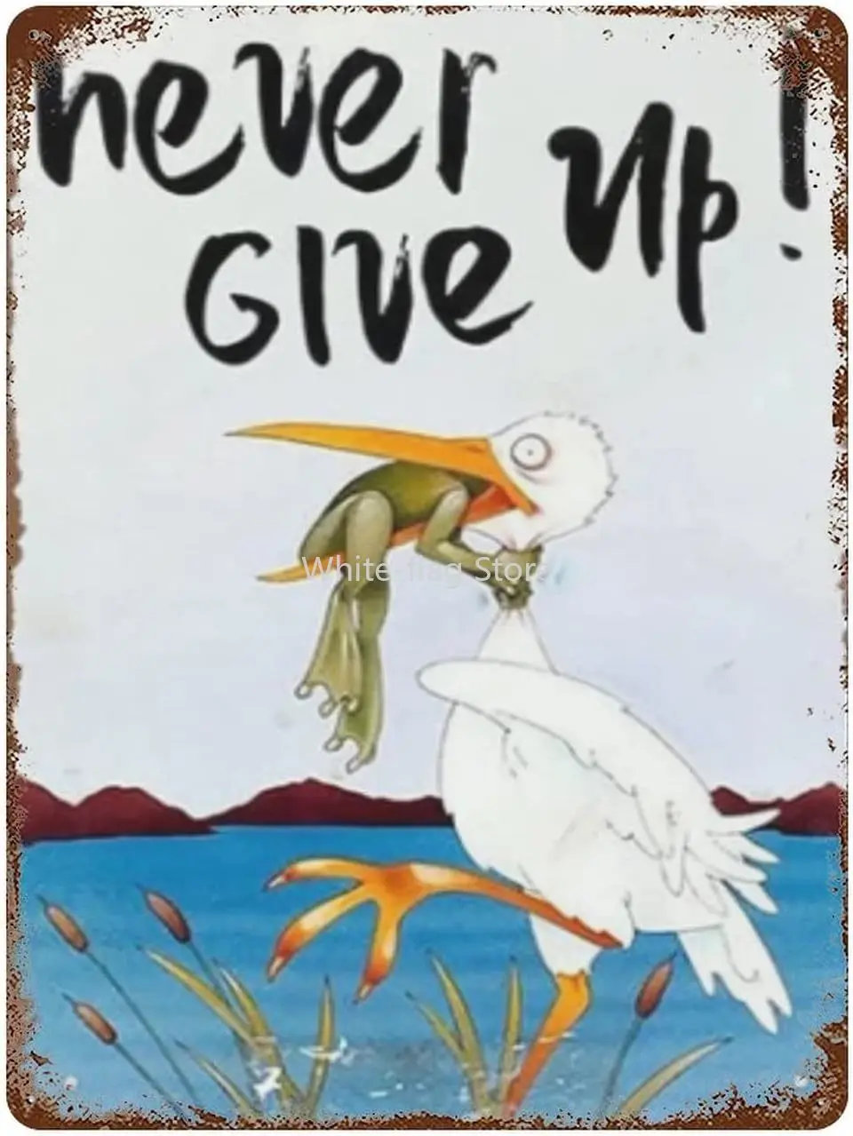 

Never Give Up Animal Art-Wall Art Nostalgic Tin Sign-Retro Tin Wall Metal-Siding Bar Family Poster Sign, Egret and Frog