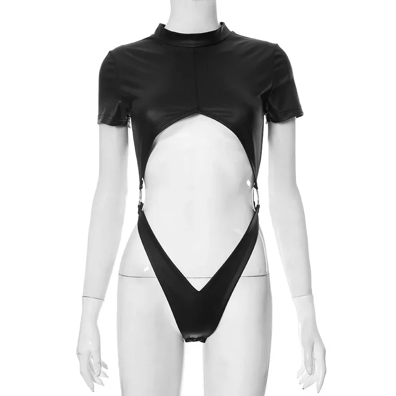 Body sexy de PU, lencería negra, top para mujer, atuendo rave, cuerpo femenino de manga corta, ahuecado, de una pieza, lencería sexy para mujer