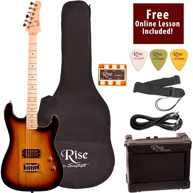 

Rise by Right-Handed Sunburst 3/4 Size Beginner's Electric Guitar with Amp, Picks, Cable, Strap, Pitch Pipe, Gig Bag Soft Case