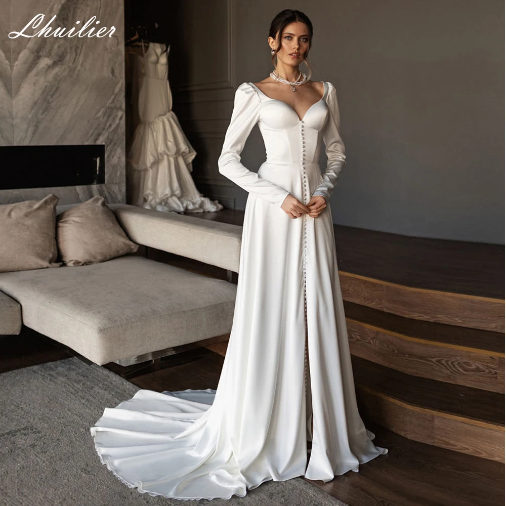 

Lhuillier Elegant A Line V Neck Soft Satin Wedding Dresses Floor Length Full Sleeves High Slit Bridal Dress with Chapel Train